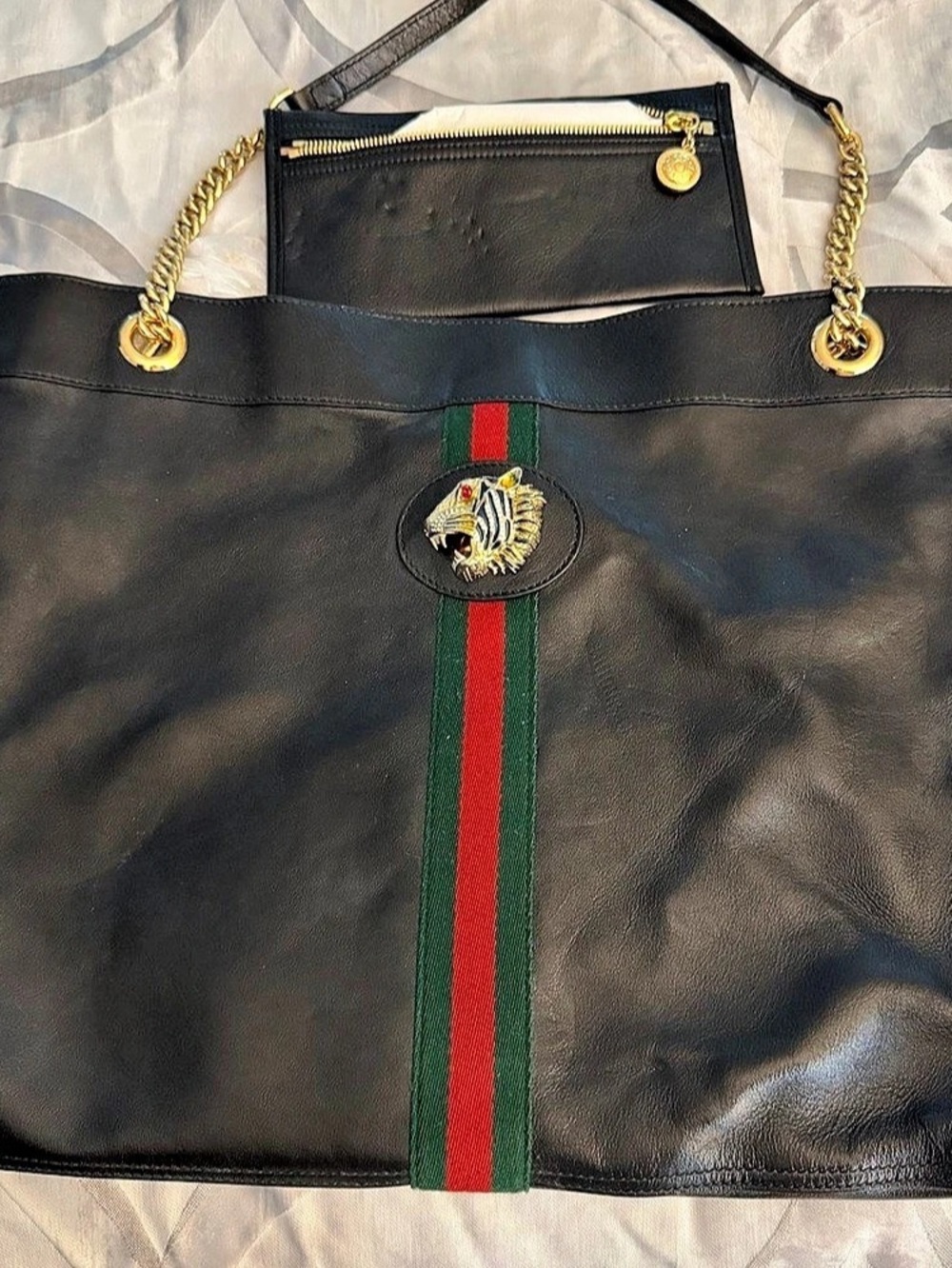 Gucci Rajah Large Chain Tote Leather Black & Green